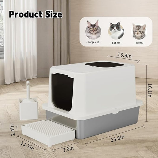 RIZZARI Stainless Steel Cat Litter Box, Leak Proof Litter Box with High Edges, Large Odorless Litter Pan with for Small to Large Cats (Beige)