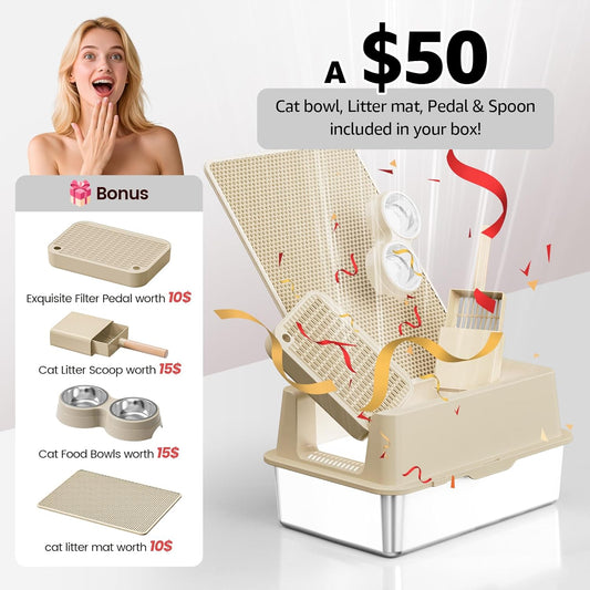 Stainless Steel Cat Litter Box - Enclosed XL Metal Kitty Litter Box with Lid for Big Cats, High Sided, Anti-Leakage, Easy Cleaning, Non-Sticky, Included Spoon & Aisle (Khaki)