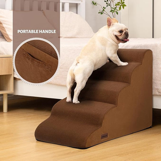 5-Step Dog Stairs and Ramp for High Bed,Non-Slip Sturdy Pet Steps for Small Dogs and Cats,22.2" H,Brown