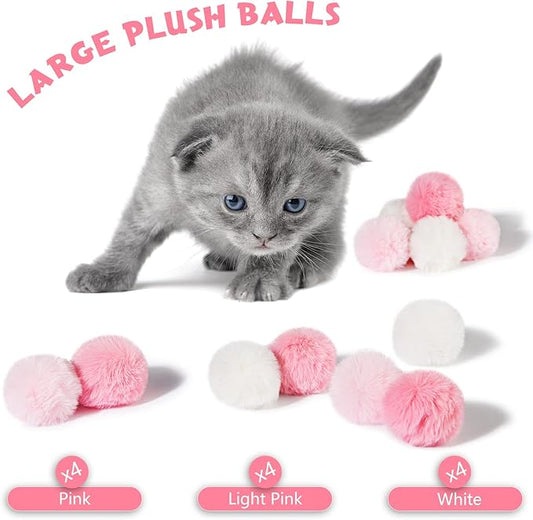 Weewooday 12 Pieces Cat Pom Pom Balls Toys Large Fuzzy Cat Ball Artificial Large Plush Ball for Cats Pets Interactive Playing Indoor(Pink, White,Solid Color)