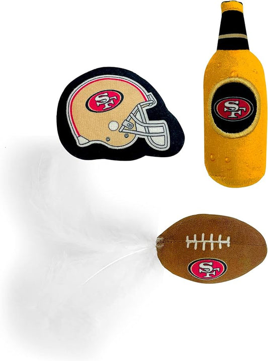 BEST PLUSH CAT TOY NFL SAN FRANCISCO 49ERS Complete Set of 3 piece Cat Toys filled with Fresh Catnip. Includes: 1 Helmet Cat Toy, 1 Football Cat Toy with Feathers & 1 Beer Bottle. Beautiful Team LOGOS