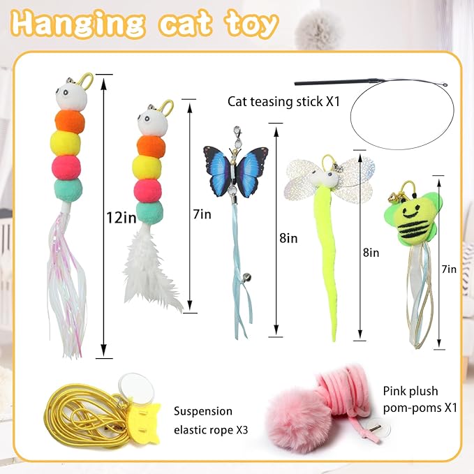 Cat Toys 6Pcs with Interactive Wand & Hanging Door Toys – Interactive Cat Feather Toy for Indoor Cats, Bored Cats – Includes Bells, Replaceable Heads, Adjustable Elastic Rope