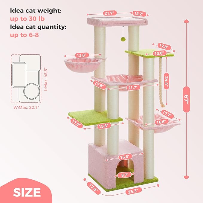 Pink Cat Tree for Large Cats 20 lbs, 67-Inch Tall Heavy Duty Cat Tower with 13 Thick Sisal Scratching Posts (φ4.3), Maine Coon Cat Tree for Indoor Cats, 2 Platforms, 3 Hammocks, Perch, Condo