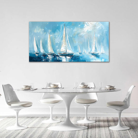 Large Blue and White Sailboat Wall Art Nautical Sails Canvas Living Room Ocean Pictures Framed Prints Oversize Wall Decor Painting Artwork for Bedroom Dining Office Home 60"x30"