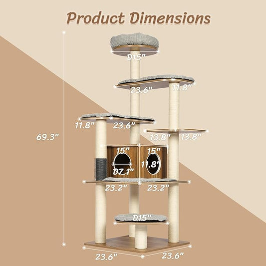 KAMABOKO Tall Wood Cat Tree, 69” Large Cat Tower Multi-Level Platforms with Sisal Scratching Posts, Cat Tree for Large Cats 20 lbs Heavy Duty, Cat Condo Furniture for Active Cats