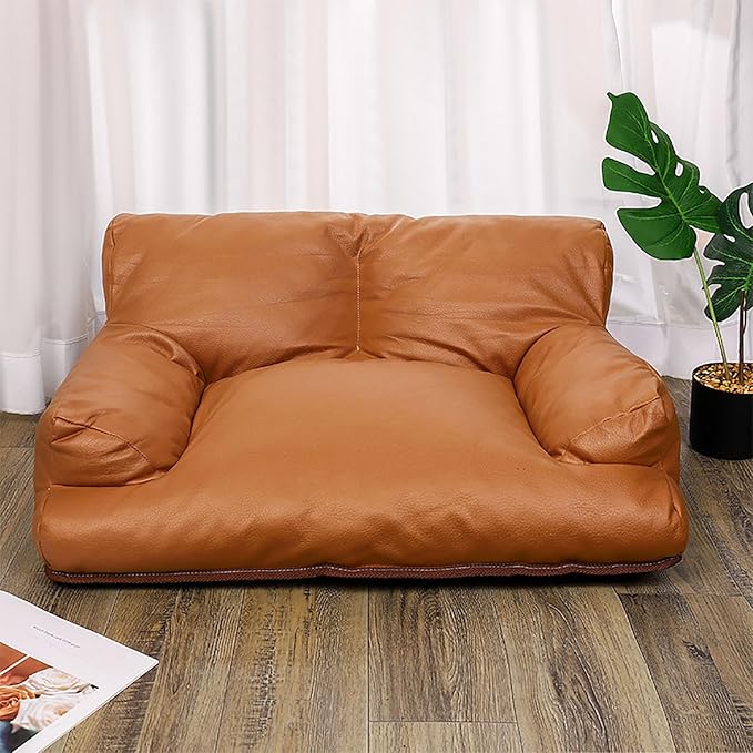 Pet Sofa Bed, Vintage Cat Dog Faux Leather Sofa with Non-Slip Bottom for Dogs Cats (Brown, Medium)