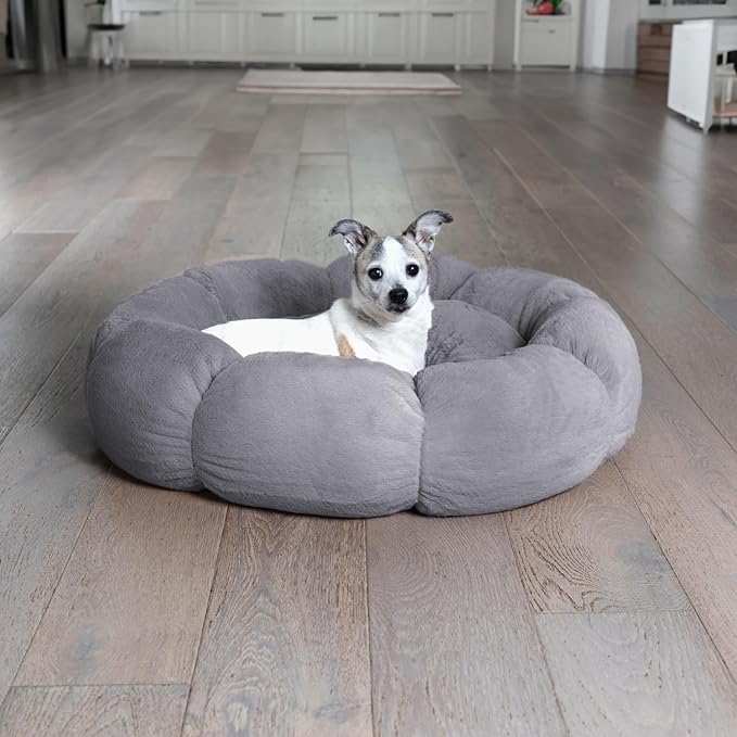 Sherry Kline Pets “Daisy Round” Donut Shape Calming Bed for Dogs and Cats, from Soft Faux Fur, Available in 4 Sizes, Machine Washable