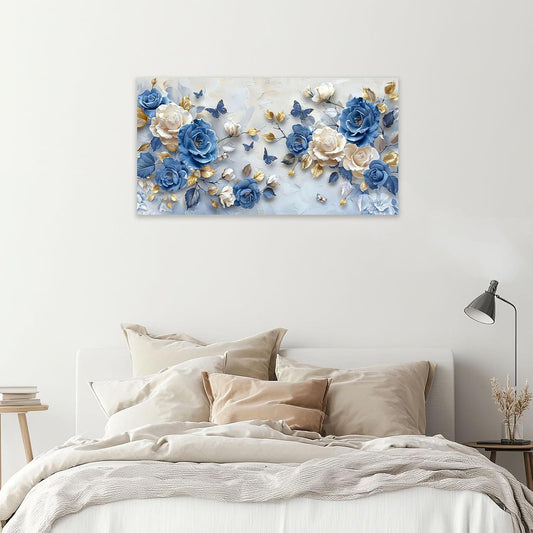 Large Flower Wall Art Canvas Living Room Floral Pictures Framed Prints Oversize Wall Decor Blue Butterfly Painting for Bedroom Dining Office Home 60"x30"