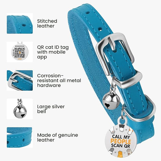 BRONZEDOG Leather Cat Collar with Removable Bells Non Breakaway Kitten QR Tag for Girl Boy (7" - 9" for Cats, Blue & Silver)