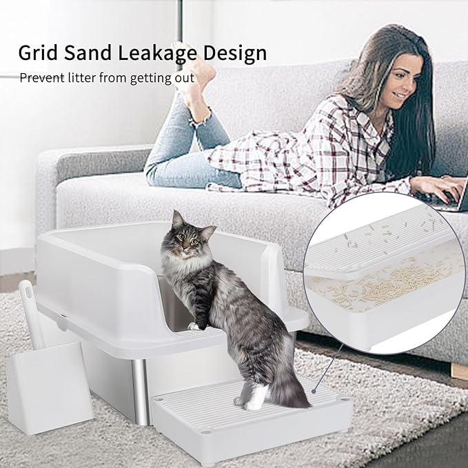 RIZZARI Large Stainless Steel Cat Litter Box: Open Top Leak-Proof Large Cat Pan - Odor Control for Indoor Multi-Cat Homes (White, 23.8" L*16" W*12" H)