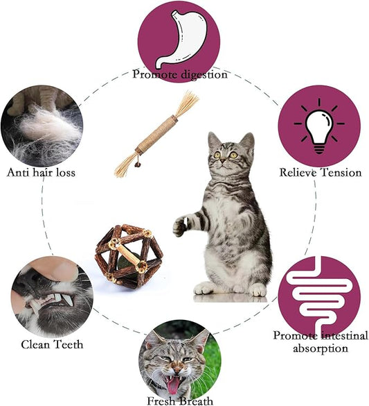 Cat Chew Toys, 4-Pack Silver Vine Cat Toys, Natural Silver Vine Sticks for Cats, Natural Silver Vine Stick Cage Cat Bell Balls for Cleaning Teeth, Increase Appetite, Suitable for Indoor Cats