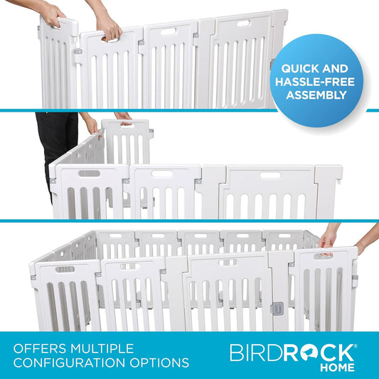 BIRDROCK HOME Dog Playpen w/Door, 16 Panel, 25.6in H | Strong Plastic, Non-Slip Puppy Playpen, Secure Pet Gate | Indoor Outdoor Fence | Configurable Panels | Medium to Large Pets - White