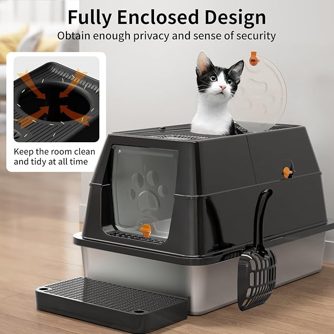 Stainless Steel Cat Litter Box with Lid, 180° Flip-Top XL Extra Large Enclosed Litter Box, Covered Metal High Sided Litter Pan with Steps & Scoop, Easy Cleaning, Odor Control,Non-Sticky-Black