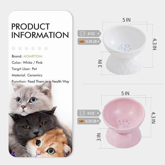 AOMRYOM Ceramic Tilted Raised Cat Food and Water Bowl Set, Elevated Stress Free Feeding Pet Bowl Dish for Cats and Small Dogs, Protect Cat's Spine, White & Pink, Set of 2