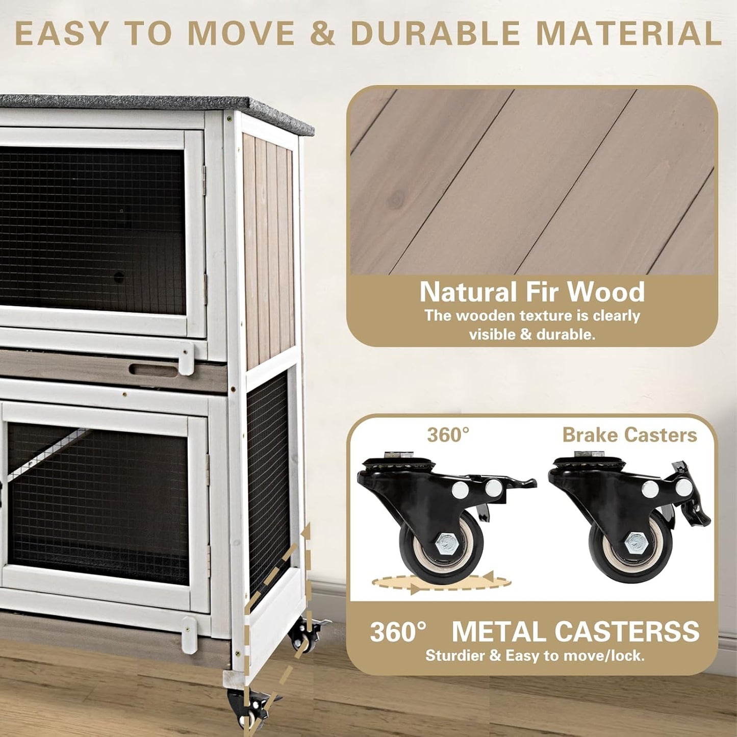 36" L Rabbit Hutch Indoor with 4 Metal Wheels, 2-Story Wooden Bunny Hutch Outdoor Bunny Cage, 2 Deeper Pull-Out Trays, Ramp, Rabbit Cage Guinea Pig Pet House for Small Animals