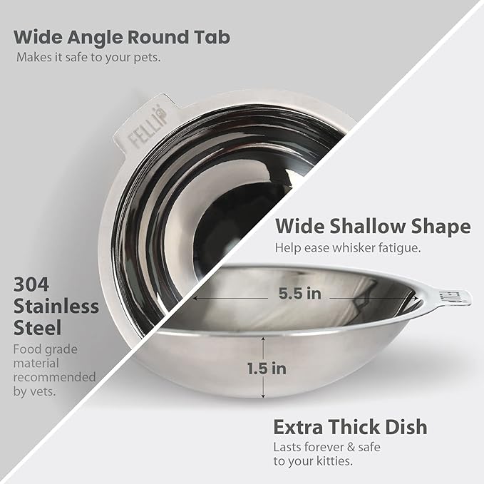 Felli Pet Oblik Whisker Fatigue Cat Food Bowl Raised Stainless Steel Shallow Dish, Pet Friendly Design Anti Vomit Tilted Metal Plate Feeder Elevated Acrylic Base for Treats Storage (0.5 Cups, Smoky)