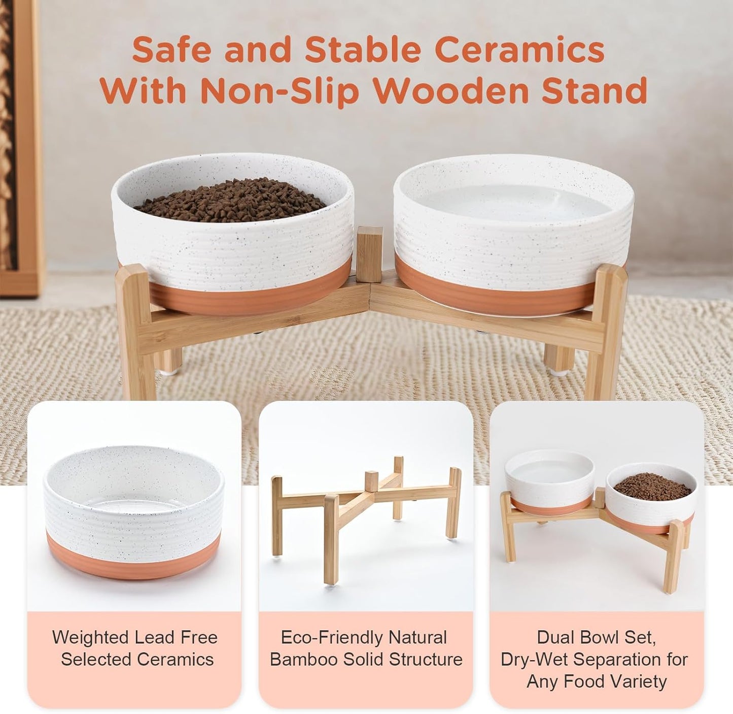 SPUNKYJUNKY Elevated Dog Bowls Ceramic, 7.3'' Dogs Food Water Bowls Raised with Non-Slip Bamboo Stand for Medium to Large Sized Breed Microwave Dishwasher Safe - 42 OZ,Pattern White