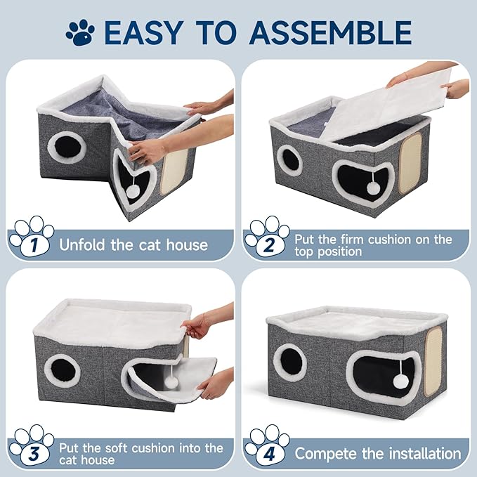 Cat Beds for Indoor Cats, Extra Wide Cat Cube House for Multi Cats, Foldable Cat Cave Hideaway with Arc-Edge Design & Oval Door, Double-Side Soft Cushion for All Seasons, 24"L x 17.7"D x 12.6"H, Grey