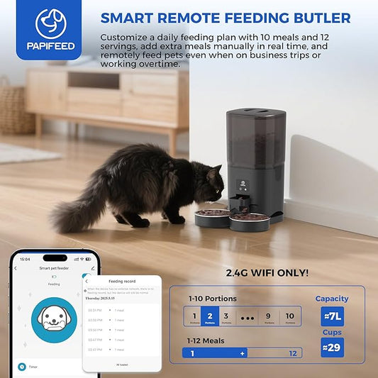 PAPIFEED 7L Automatic Cat Feeder for 2 Cats - 2.4G WiFi Timed Auto Feeder with APP Control, Cat Food Dispenser with Alexa for Multiple Cats, Detachable for Easy Clean, 1-10 Meals Per Day - Black