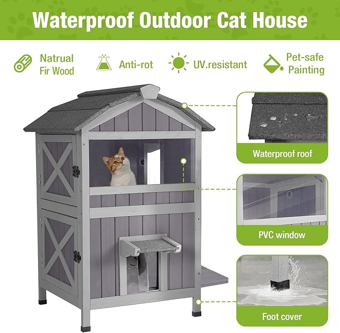 GUTINNEEN Outdoor Cat House Weatherproof Outside Feral Cat Shelter 2 Story