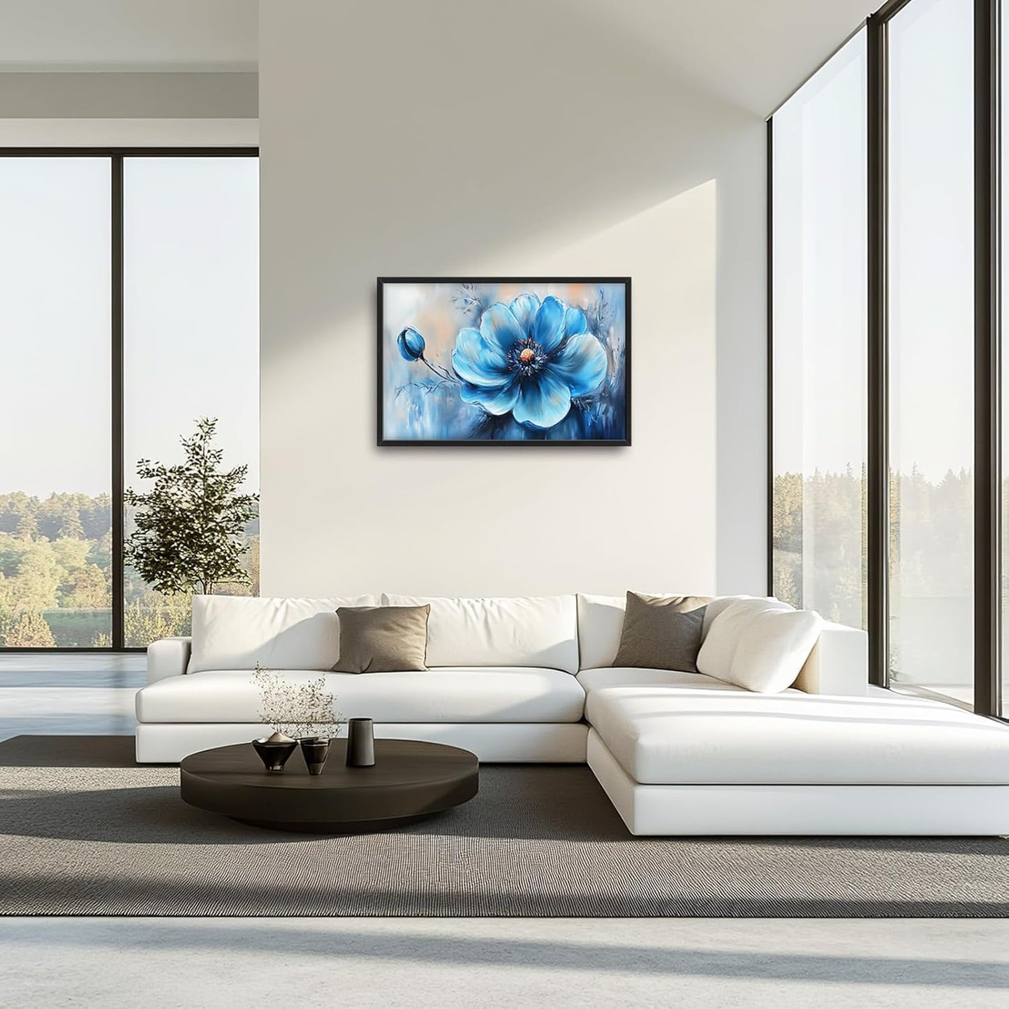 Extra Large Abstract Blue Flower Framed Wall Art for Living Room,Oversized Elegant Floral Pictures Wall Decor,Canvas Print Painting Modern Artwork Bedroom Office Bathroom 36L" x 24W"