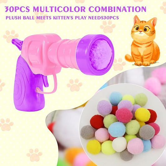 Mewlmart Interactive Cat Toys for Indoor Cats Pink Cat Pom Pom Balls Plush Ball Launcher Cat Fetch Toy Enrichment Toys 30 Balls