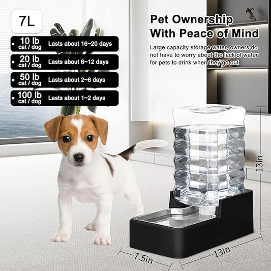 RIZZARI Stainless Steel Pet Water Feeder: 7L Automatic Leak-Proof Gravity Dispenser for Cats Dogs Indoor Outdoor Use(Black Without Filter,7L)