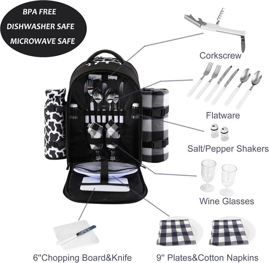 apollo walker Picnic Backpack Bag for 2 Person with Cooler Compartment, Detachable Bottle/Wine Holder, Fleece Blanket, Plates and Cutlery Set (2 Person, Black)