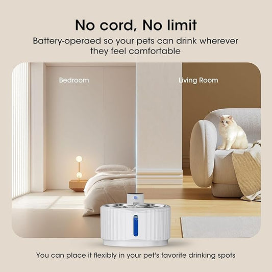 Wireless Cat Water Fountain, 95 oz/2.8 L Battery Operated Pet Water Fountain for Cats Inside, Automatic Dog Water Fountain with Stainless Steel Tray, Motion Sensor, Quiet Pump (White)