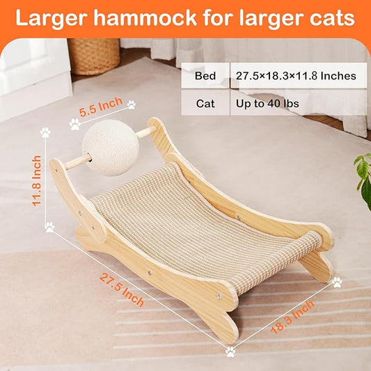 Cat Scratcher Bed, Natural Sisal Cat Scratch Chair Hammock, 27.5 Inch Extra Large Scratching Post Lounger Pad with Large Sisal Toy Ball for Indoor Cats