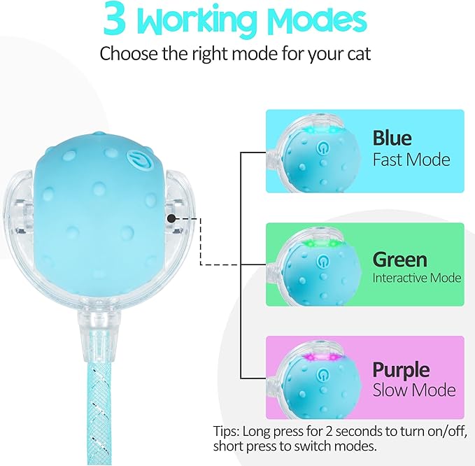 Interactive Cat Toys Ball for Indoor Cats, 2025 New Generation Automatic Moving Ball Toy with Elastic Mesh Tail, Chirping & Obstacle Avoidance and Motion Activated, Blue