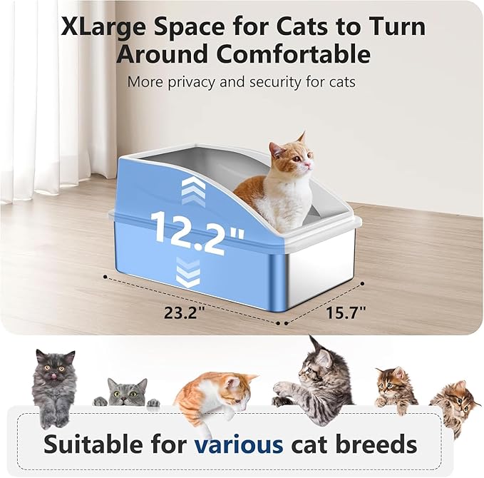 Stainless Steel Litter Box, Extra Large Litter Boxes for Big Cats, XL Metal Cat Litter Box with Lid, Anti-Urine Leakage, Non-Sticky, Include Cat Mat and Litter Scoop