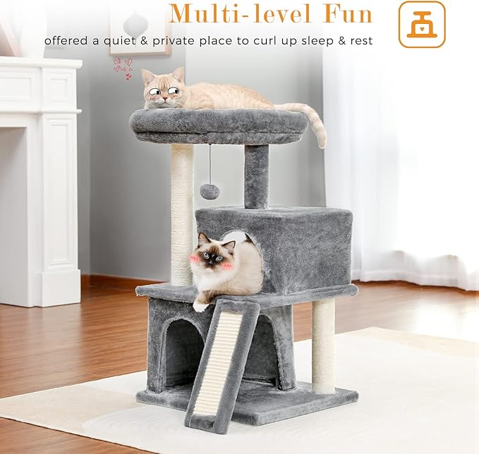 PAWZ Road 34 Inches Cat Tree Multilevel Cat Tower with Double Condos, Spacious Perch, Fully Wrapped Scratching Sisal Post and Replaceable Dangling Balls Gray
