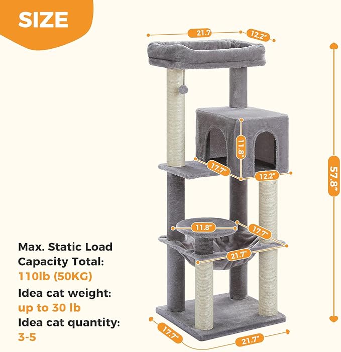 Large Cat Tree for Indoor Cats Large Adult, 57.8" Heavy Duty Cat Tower with Reinforced Scratching Posts (φ3.7in) and Plush Larger Hammock for Maine Coon & Big Cats, Supports 30lbs, Grey