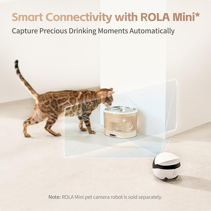 Enabot EBO ROLA Cat Water Fountain Cordless: Battery-Operated Smart Pet Fountain, Pumpless Cat Water Dispenser, Stainless Steel Tray, Wireless Cat Fountain w/Phone App (2.4 GHz Only)