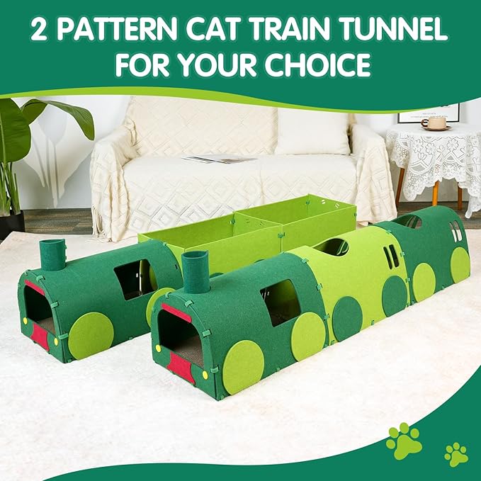 Cat Tunnel Train with Scratching Board, Cat Interactive Toys 51" Non-Foldable Rebound Felt Cute Pet Tube Round Indoor Pet Toy & Hideout for Small Medium Kitten