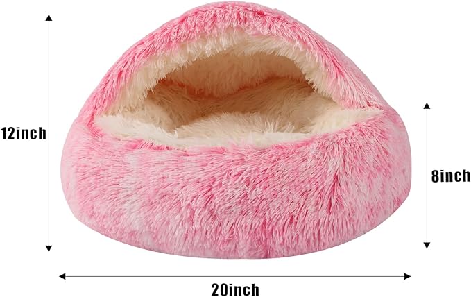 Round Hooded Cat & Dog Bed with Cover Cave, Faux Fur Cuddler - Self Warming Donut Bed Fits up to 12 lbs Pets (Pink, 20" x 20")