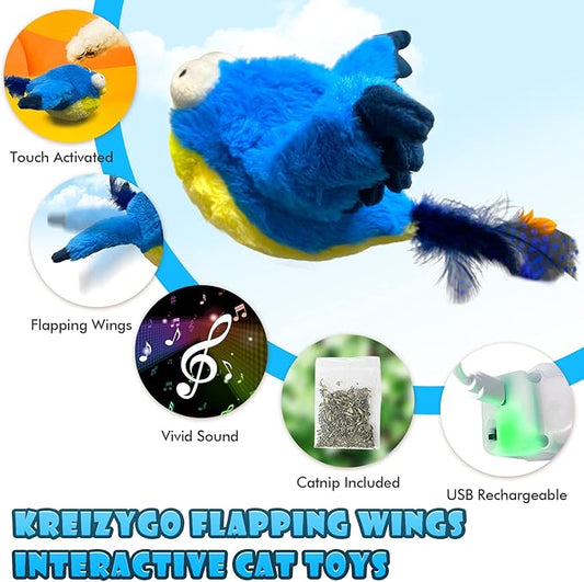 Cat Toys, Flapping Wings Blue-Bird, No Flying, Chirping Bird Interactive Catnip Toy for Kitten or Small Dogs, Touch Activated, Rechargeable