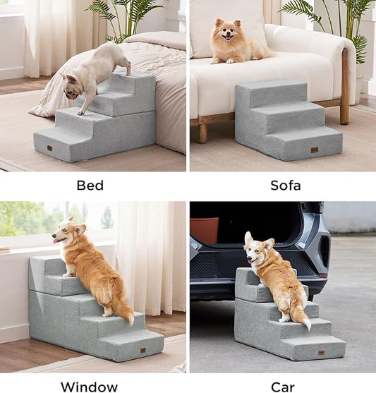 Made4Pets Dog Steps for Bed, Extra Wide Dog Stairs for High Bed Couch Sofa, 35D Foam Pet Steps for Small Dogs and Cats, Non-Slip Bottom Pet Stairs, Light Grey, 4 Steps