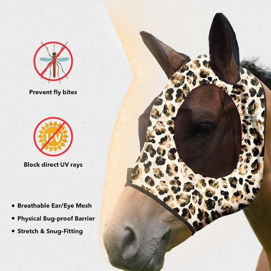 Harrison Howard Super Comfort Stretchy Fly Mask Large Eye Space with UV Protection Soft on Skin with Breathability Leopard Print Full Size
