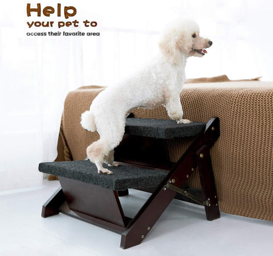 MEWANG Wooden Pet Stairs/Pet Steps - 2-in-1 Foldable Stairs & Ramp for Beds and Cars - Portable Dog/Cat Ladder Up to 110 Pounds