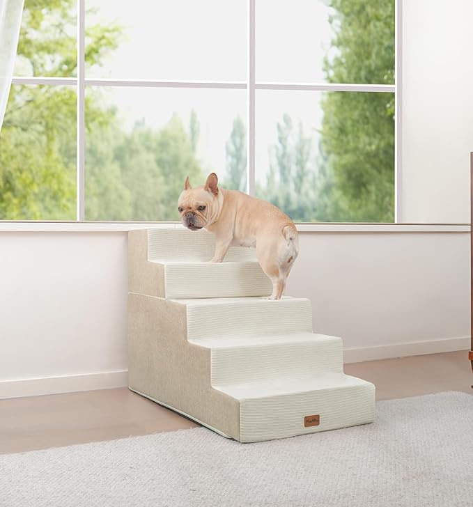 Made4Pets Dog Stairs for High Bed, Extra Wide Pet Stairs for Bed Couch Sofa, 35D Foam Pet Steps for Small Dogs and Cats, Non-Slip Bottom Dog Steps, Beige, 5 Steps