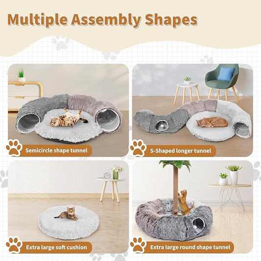 Odoland Large Cat Tunnel and Fluffy Bed - Indoor Detachable Cave With 20 Toys, Donut Tunnel and Variety Kitten Toy Set for Chewing and Playing