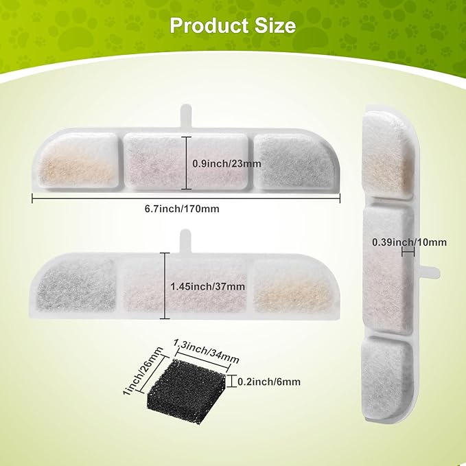 6 Pack Replacement Filters for 84oz/2.5L Fursink Pet Water Fountain, ZEKIRY Cat Water Fountain Filters, Triple Filtration Pet Fountain Filter Replacement(6 Filters & 6 Sponges)