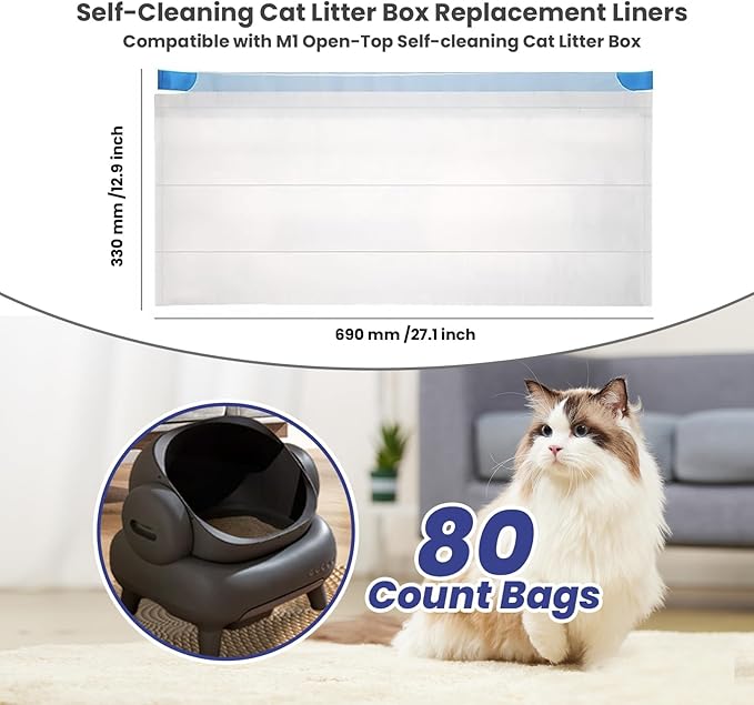 80 Count Cat Litter Liner Bags Compatible with Neakasa and PetPivot AutoScooper 11 Open-Top Pet Automatic Self Cleaning Cat Litter Box, Waste Bags, 27"x13"Heavy Duty Replacement Trash Bags