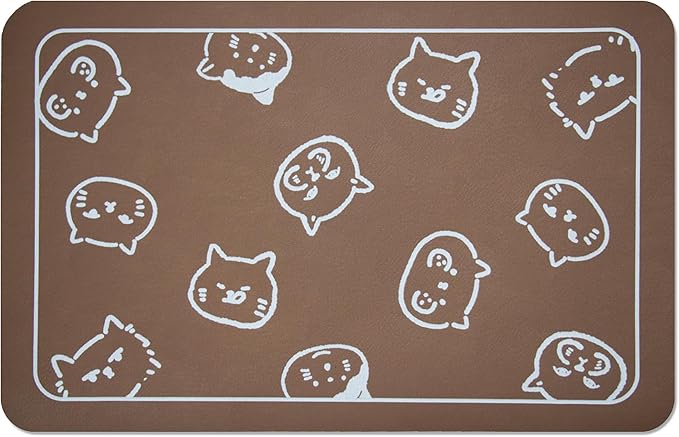 YCT Cat Food Mat for Pet Dog Food Mat, Cat Mat for Food and Water, Cat Feeding Mat Pet Dog Cat Bowl Mat, Non-Slip Super Absorbent, with Multiple cat Heads Logo,24 x 16.9 inches, Brown