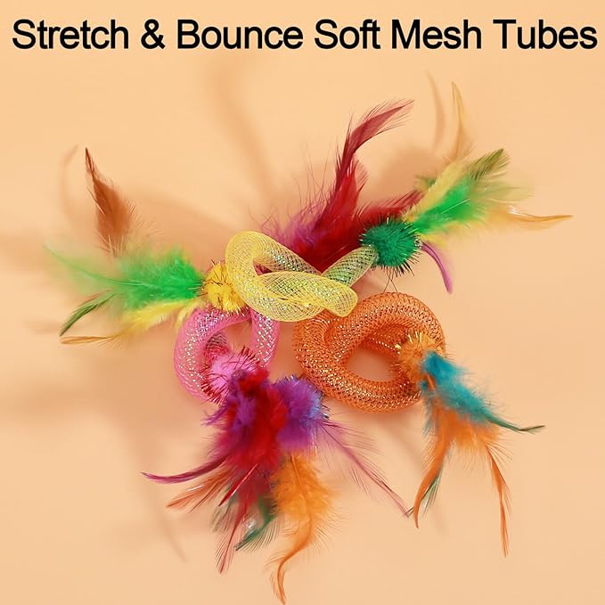 Interactive Cat Toys with Feather, Stretchable Mesh Tubes Toys with Bell and Catnip Inside, Colorful Interactive Play String for Cats and Kittens, 3 Pcs