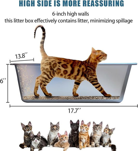 Stainless Steel Cat Litter Box - Medium to Large Indoor Metal Litter Pan Tray, High Sided, Easy to Clean No Stick Rustproof Odorless Pet Toilet for Cats Kitty Rabbit (Silver, 17.7" x13.8" x6")