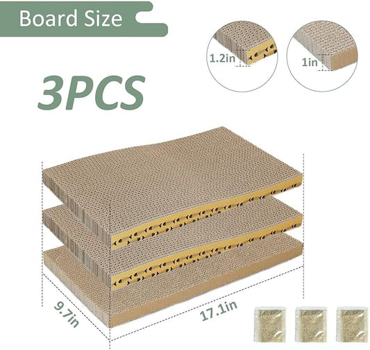 MECOOL Cat Scratching Board,3PC Scratch Pad with Box,Reversible Corrugated Scratcher Cardboard and Lounge Bed for Indoor Cats, Catnip