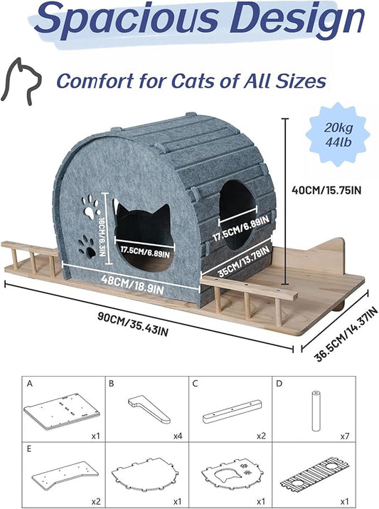 Wall Mounted Felt Cat Bed – Modern Cats Shelf with Wooden Base & 4 Holders, Space-Saving Cat Perch for Indoor Cats, Minimalist Wall Cat Furniture for Resting & Lounging,Gray